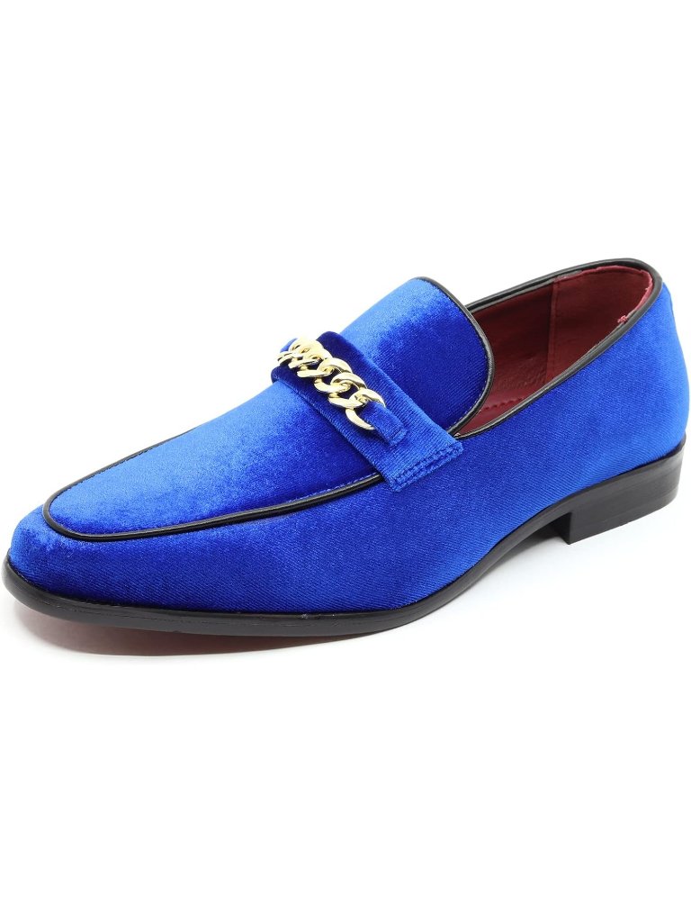 Metrocharm Men's Blue Vintage Velvet Loafers Gold Chain Buckle Slip On Shoes